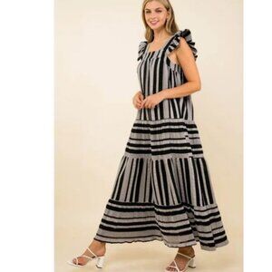 NWT THML Black And Gray Striped Dress Square Neck | Size S